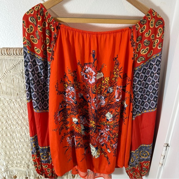 70s Free People Bright Orange Red Tapestry Bohemian Floral Peasant Blouse Small - Picture 9 of 11
